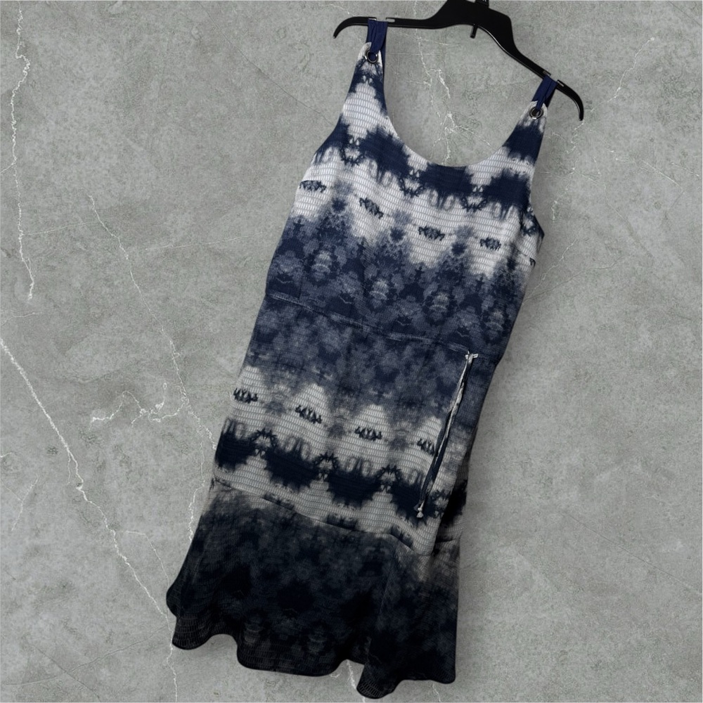 Libby‎ Edelman Women's Large Navy Blue White Tie Waist Ruffle Hem Tie Dye Dress
